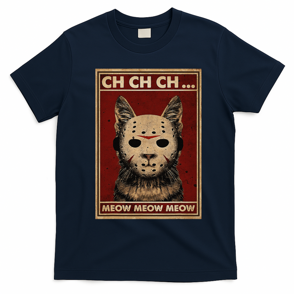 Ch Ch Ch Meow Meow Scary Halloween Cat Horror Slasher Movie T-Shirt - Navy Blue