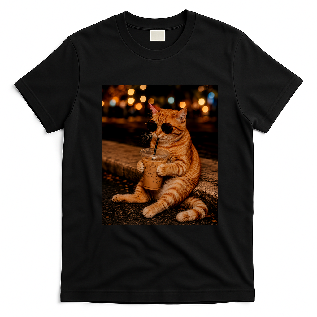 Cool Cat Drinking Iced Coffee with Sunglasses T-Shirt - Black