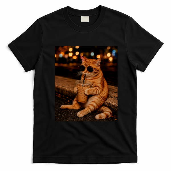 Cool Cat Drinking Iced Coffee with Sunglasses T-Shirt - Black