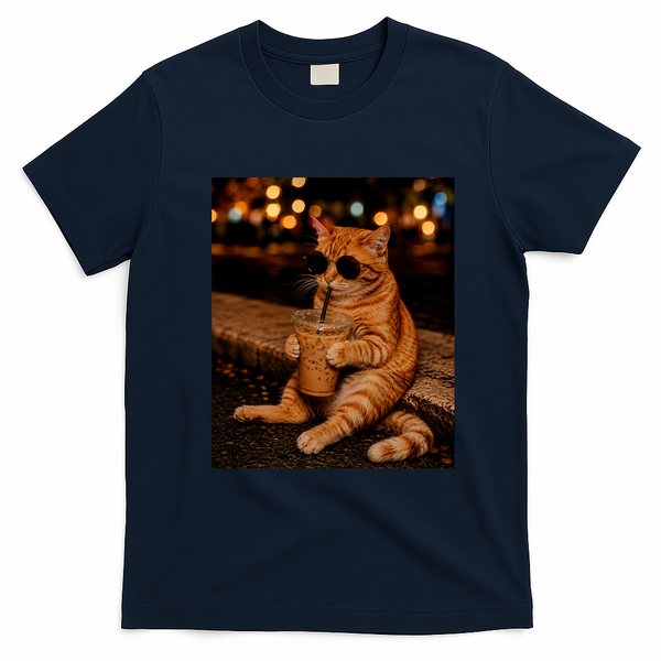 Cool Cat Drinking Iced Coffee with Sunglasses T-Shirt - Navy Blue