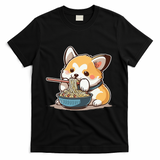 Chubby Corgi Dog Anime Eating Ramen Cute T-Shirt - Black