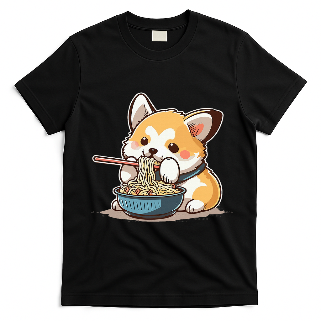 Chubby Corgi Dog Anime Eating Ramen Cute T-Shirt - Black
