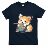Chubby Corgi Dog Anime Eating Ramen Cute T-Shirt - Navy Blue
