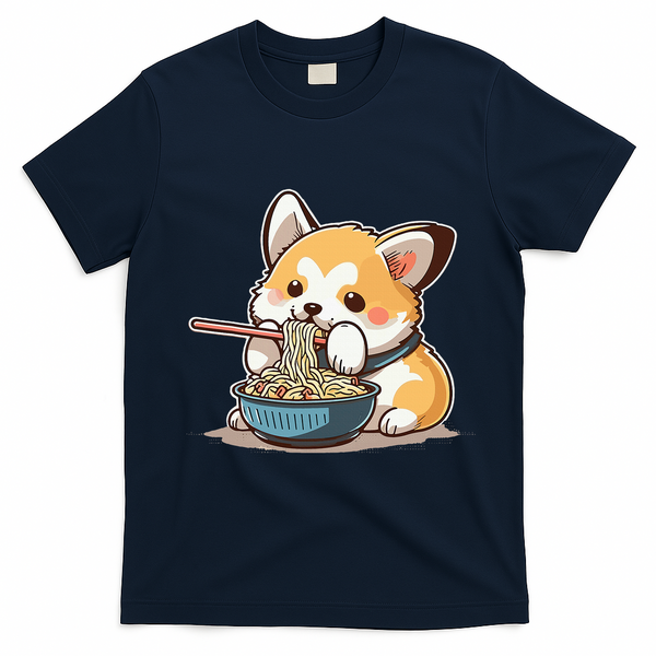 Chubby Corgi Dog Anime Eating Ramen Cute T-Shirt - Navy Blue