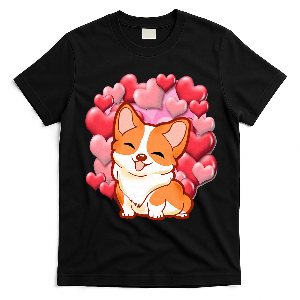 Cute Corgi Dog Valentines Day Love Heart Gift T-Shirt - Black