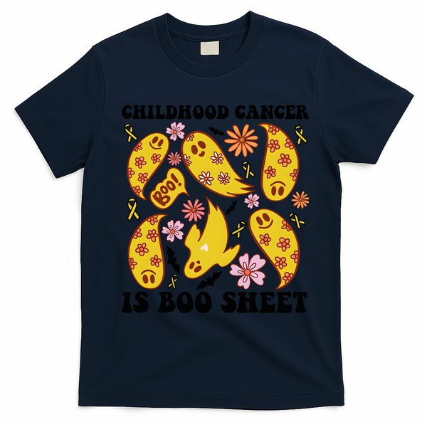 Childhood Cancer Is Boo Sheet Cancer Awareness Month Halloween T-Shirt - Navy Blue