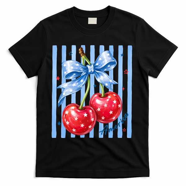 Cute Coquette Patriotic USA America Red White Blue Cherries T-Shirt - Black