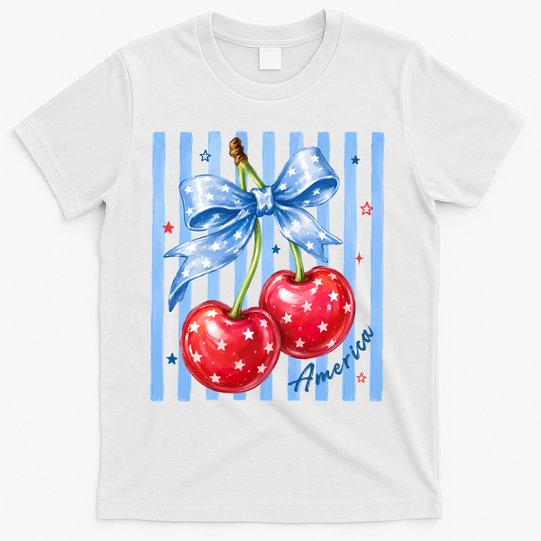 Cute Coquette Patriotic USA America Red White Blue Cherries T-Shirt - White