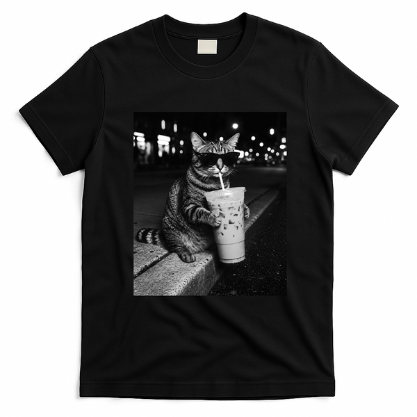 Cool Cat with Iced Coffee Sunglasses Fan Art T-Shirt - Black