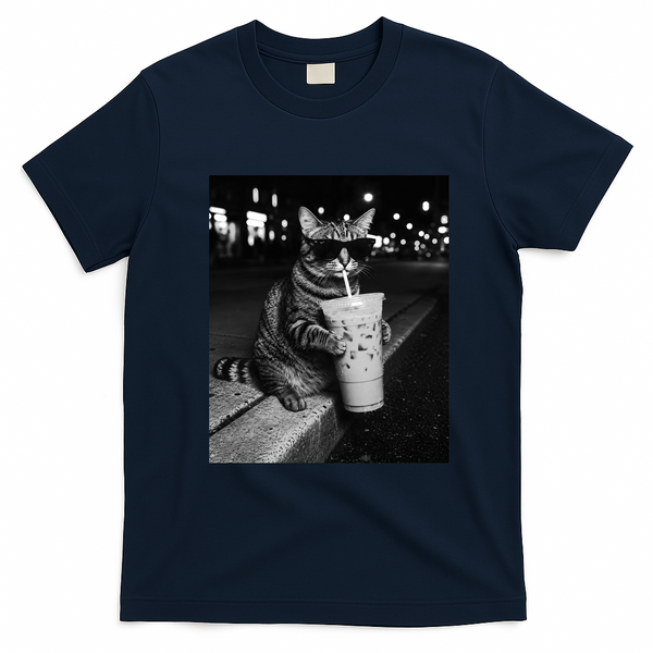 Cool Cat with Iced Coffee Sunglasses Fan Art T-Shirt - Navy Blue