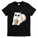 Cool Cat with Heart Sunglasses and Iced Coffee T-Shirt - Black