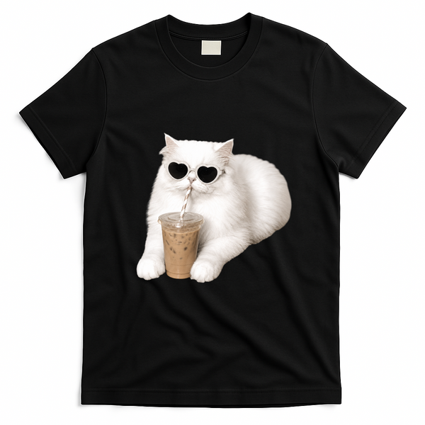 Cool Cat with Heart Sunglasses and Iced Coffee T-Shirt - Black