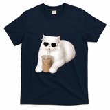 Cool Cat with Heart Sunglasses and Iced Coffee T-Shirt - Navy Blue