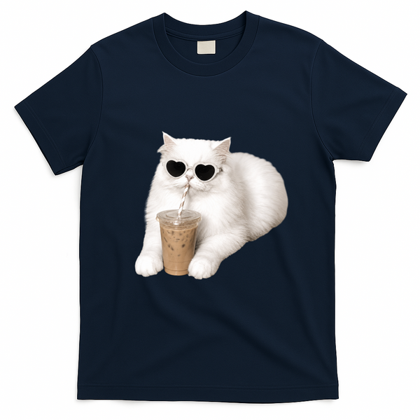 Cool Cat with Heart Sunglasses and Iced Coffee T-Shirt - Navy Blue