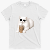 Cool Cat with Heart Sunglasses and Iced Coffee T-Shirt - White