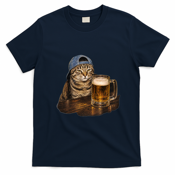 Cool Cat with Beer and Cap Fun Graphic T-Shirt - Navy Blue