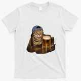 Cool Cat with Beer and Cap Fun Graphic T-Shirt - White