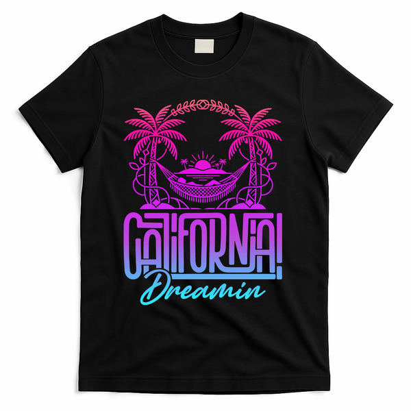 California Dreamin Colorful 1990s Retro T-Shirt - Black