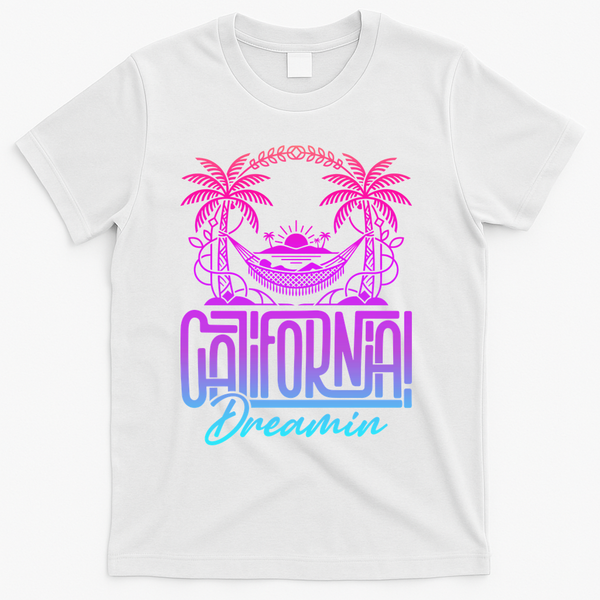 California Dreamin Colorful 1990s Retro T-Shirt - White
