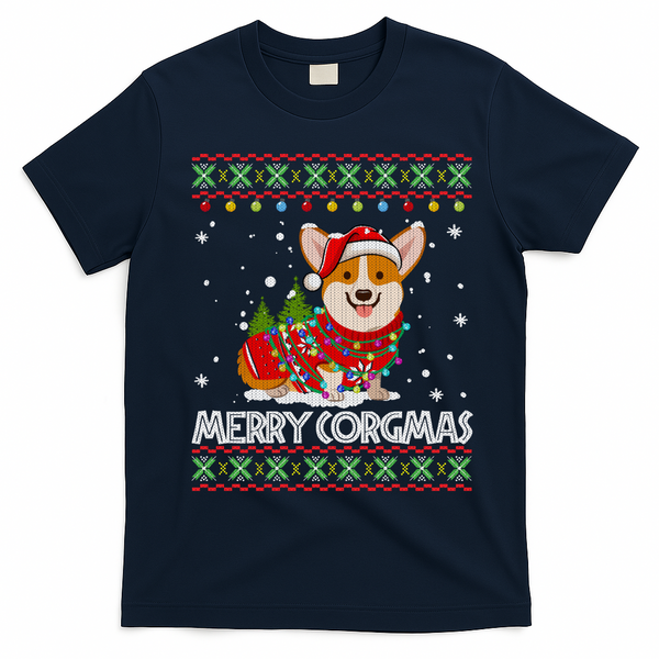 Corgi Dog Merry Corgmas Santa Corgi Ugly Christmas T-Shirt - Navy Blue
