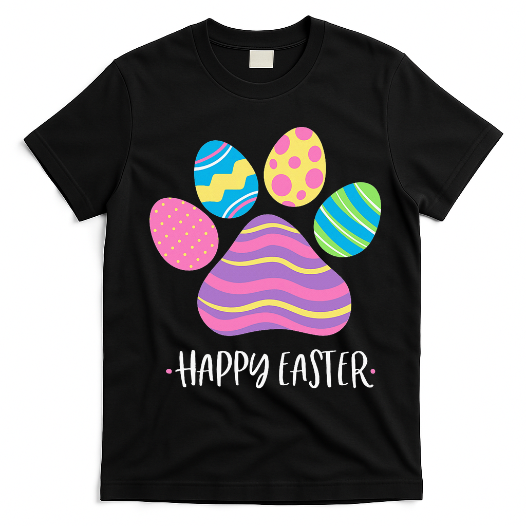 Cute Dog Paw Easter Design With Colorful Eggs For Dog Lover T-Shirt - Black