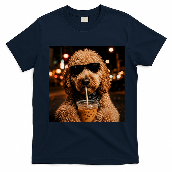 Cool Dog Sipping Iced Coffee with Sunglasses T-Shirt - Navy Blue