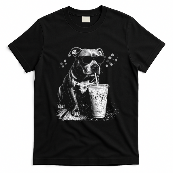 Cool Dog Sunglasses Drinking Ice Coffee Graphic T-Shirt - Black