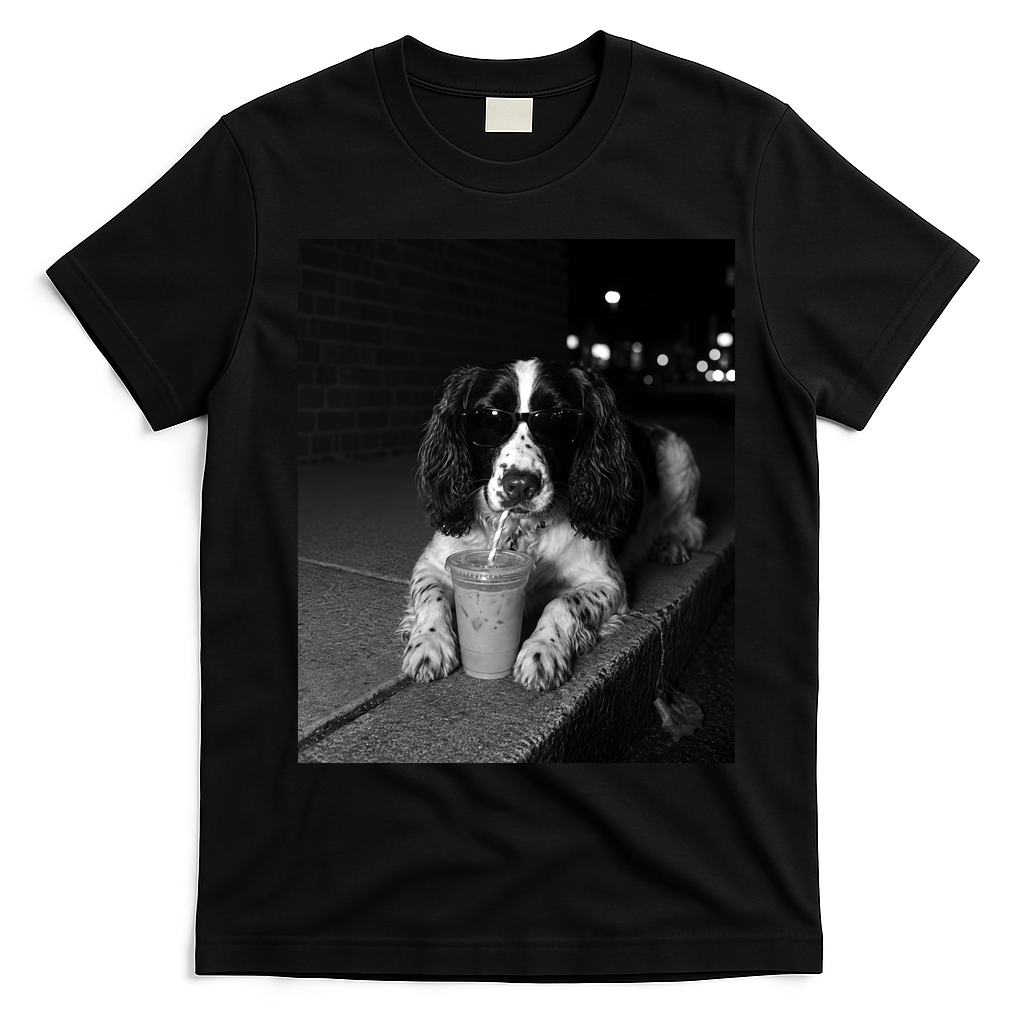 Cool Dog with Sunglasses and Iced Coffee Vibes T-Shirt - Black
