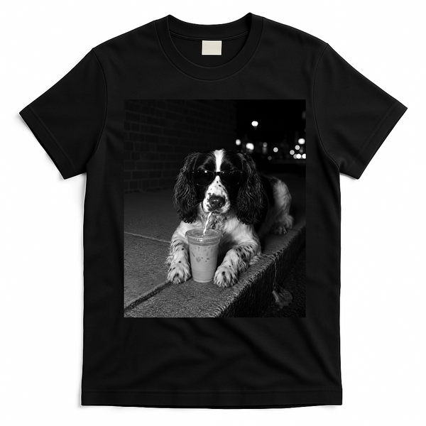 Cool Dog with Sunglasses and Iced Coffee Vibes T-Shirt - Black