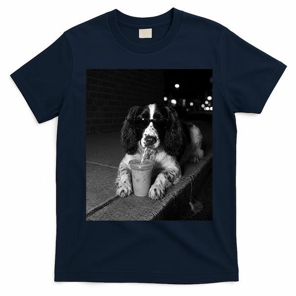 Cool Dog with Sunglasses and Iced Coffee Vibes T-Shirt - Navy Blue
