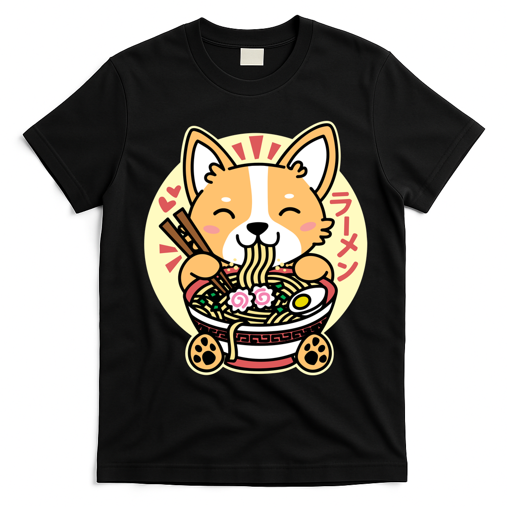 Corgi Eating Ramen Cute Kawaii Noodles T-Shirt - Black