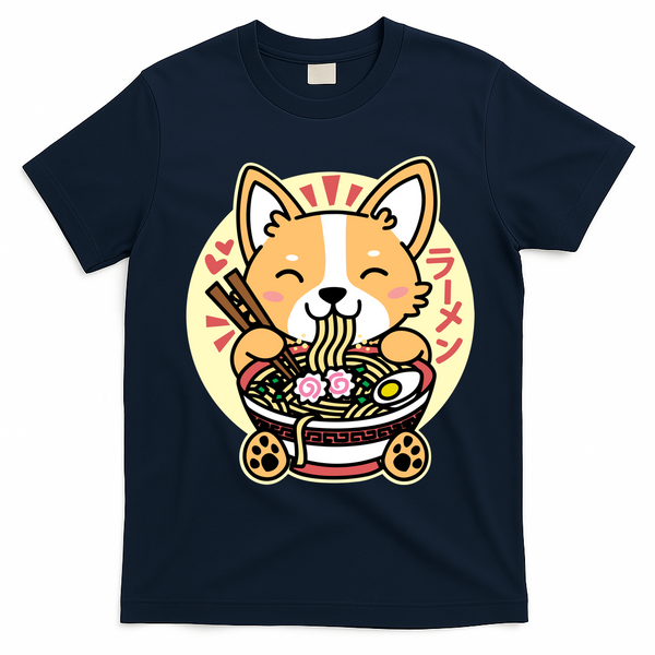 Corgi Eating Ramen Cute Kawaii Noodles T-Shirt - Navy Blue