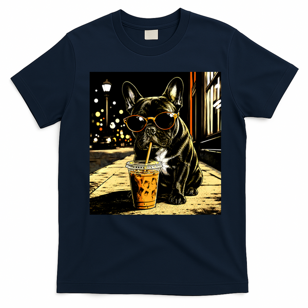 Cool French Bulldog Iced Coffee And Sunglasses T-Shirt - Navy Blue