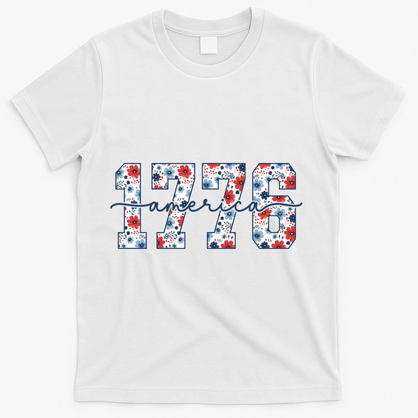 Cute Floral Flower Varsity Style 1776 America USA  T-Shirt - White