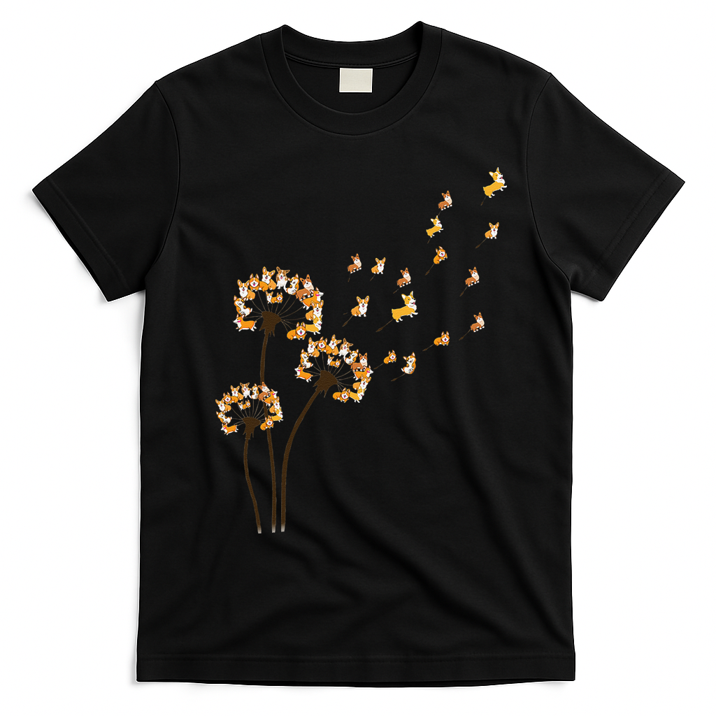 Corgi Flower Fly Dandelion Funny Dog Lover For Mom T-Shirt - Black
