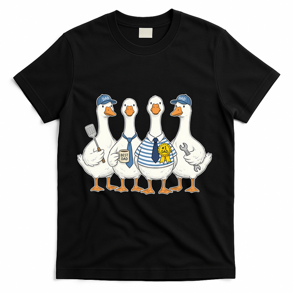 Cute Funny Father's Day Goose Group T-Shirt - Black