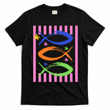 Christian Fish Symbol Striped Retro T-Shirt - Black