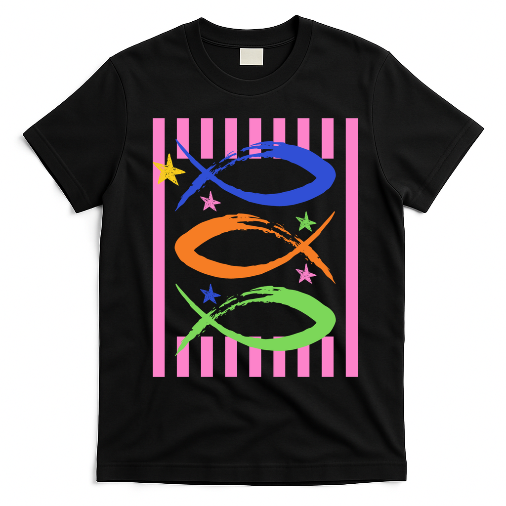Christian Fish Symbol Striped Retro T-Shirt - Black