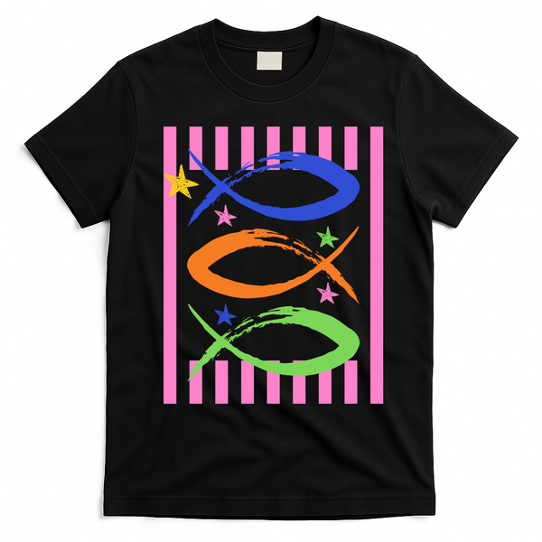Christian Fish Symbol Striped Retro T-Shirt - Black