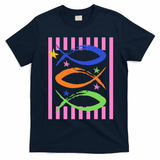 Christian Fish Symbol Striped Retro T-Shirt - Navy Blue