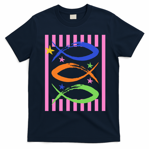 Christian Fish Symbol Striped Retro T-Shirt - Navy Blue