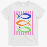 Christian Fish Symbol Striped Retro T-Shirt - White