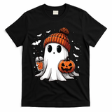 Cute Ghost Drinking Coffee Halloween Ghost Ice Coffee Women Long Sleeve T-Shirt - Black
