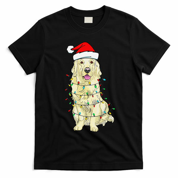 Cream Golden Retriever Dog Merry Xmas Christmas Lights T-Shirt - Black