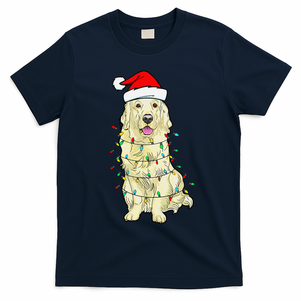 Cream Golden Retriever Dog Merry Xmas Christmas Lights T-Shirt - Navy Blue