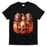 Cute Halloween Pumpkin Leopard Bow T-Shirt - Black
