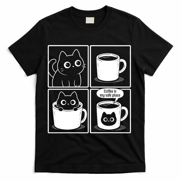 Coffee Is My Safe Place Cat Meme T-Shirt - Black