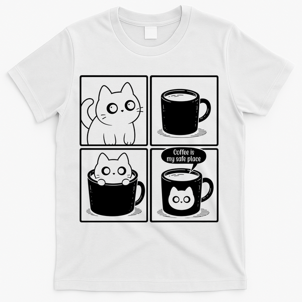 Coffee Is My Safe Place Cat Meme T-Shirt - White