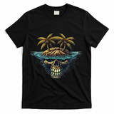Cool Island Palm Trees Skull Beach Pirate Nautical T-Shirt - Black