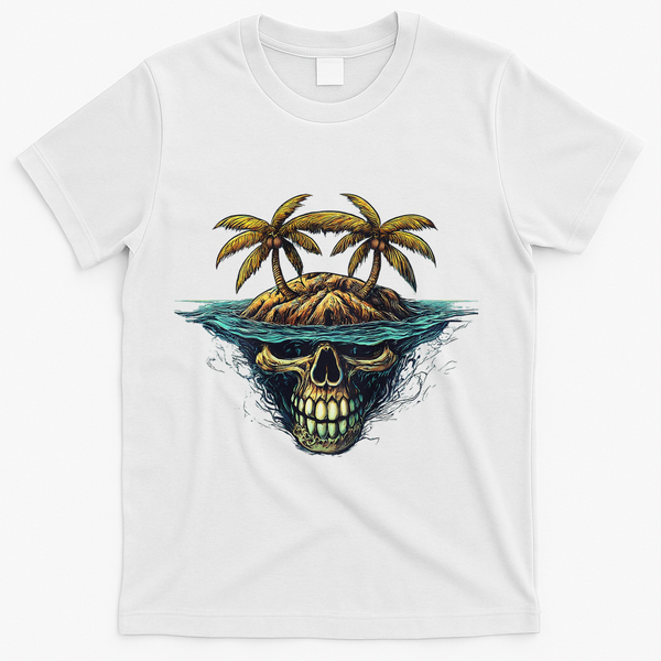 Cool Island Palm Trees Skull Beach Pirate Nautical T-Shirt - White